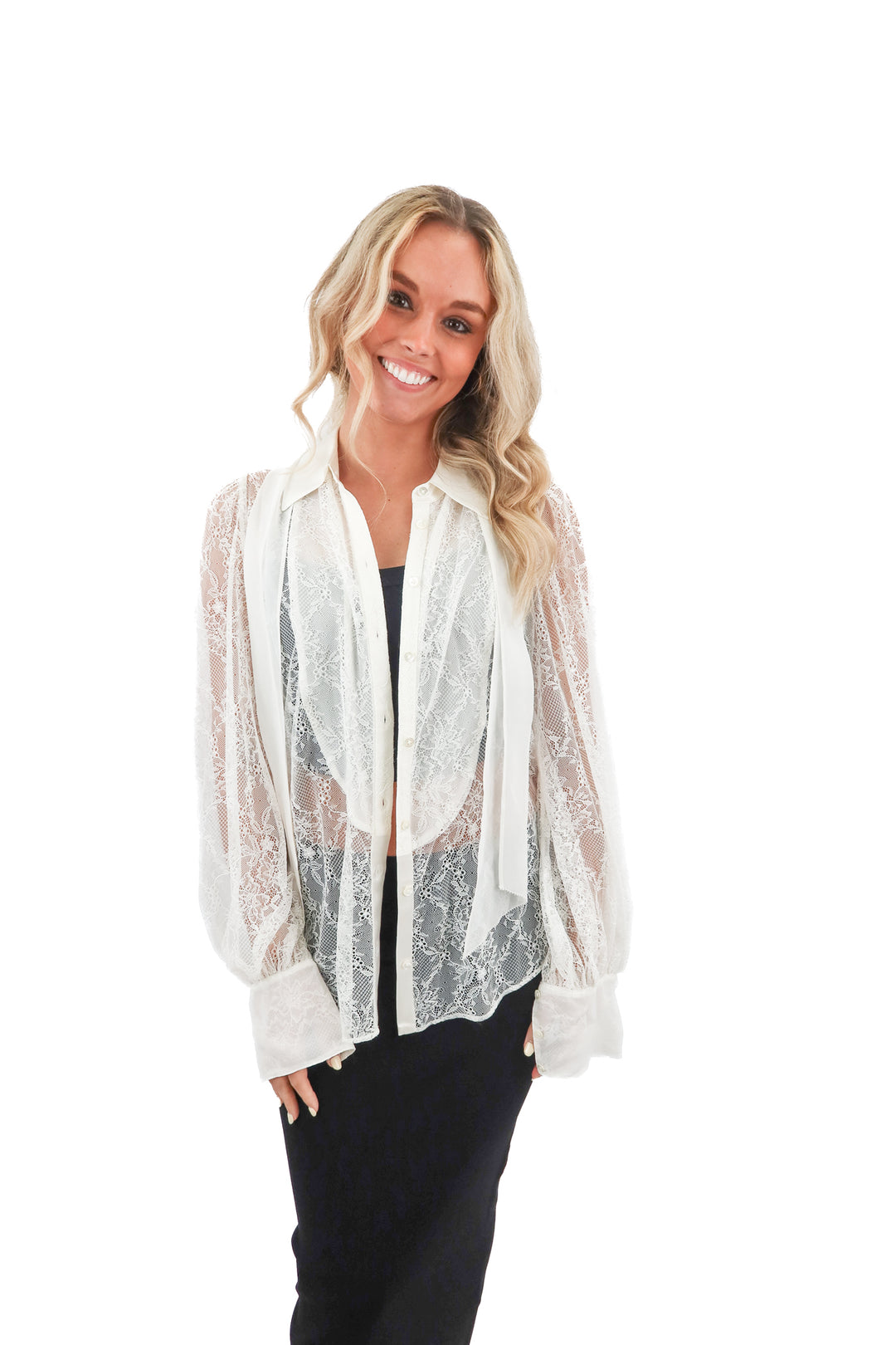 Paige cream lace long sleeve blouse (S)