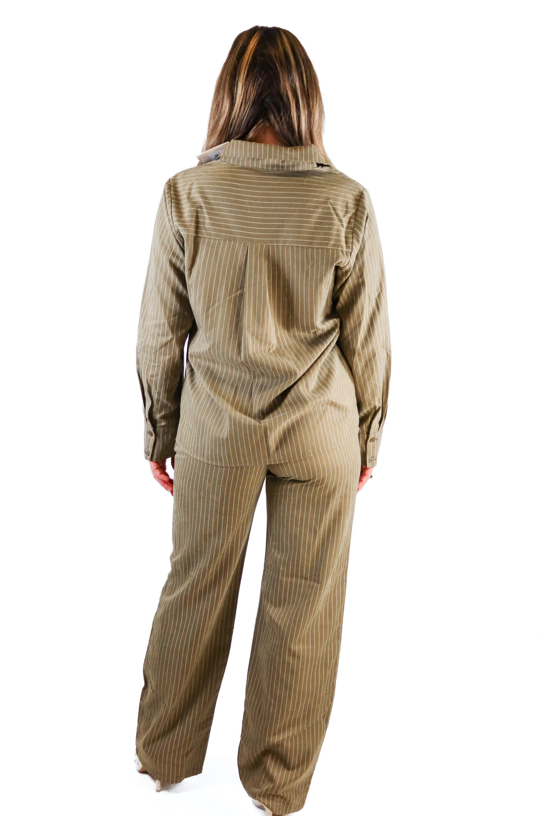 Kittenish Dark Khaki Stripe Button Down Top & Pant Set NWT (S; retail $76)