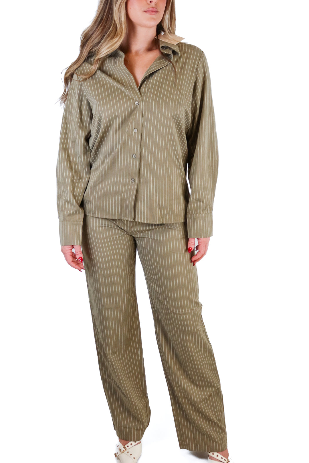 Kittenish Dark Khaki Stripe Button Down Top & Pant Set NWT (S; retail $76)
