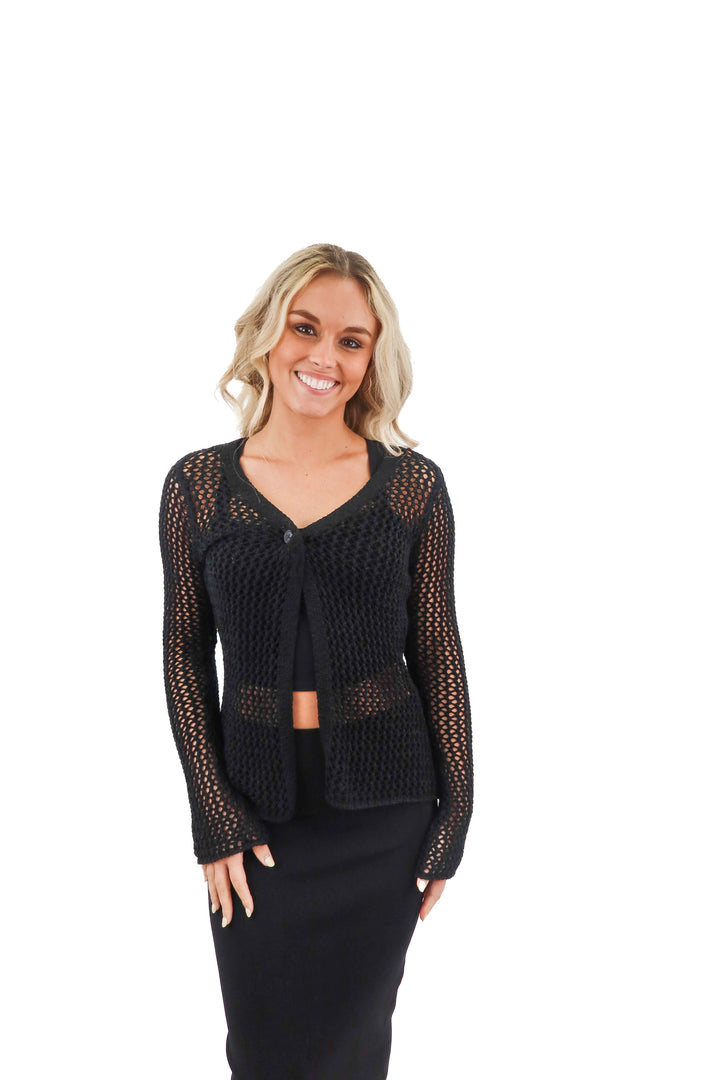 MOTEL black knit crochet open front cardigan (XS; retail $65)