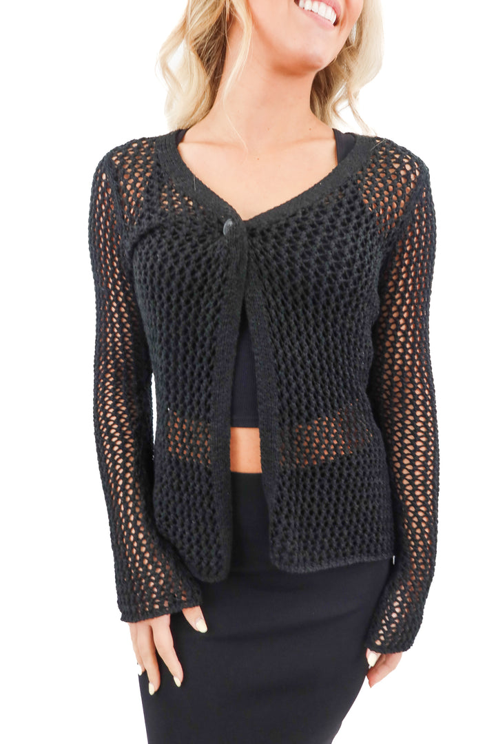 MOTEL black knit crochet open front cardigan (XS; retail $65)