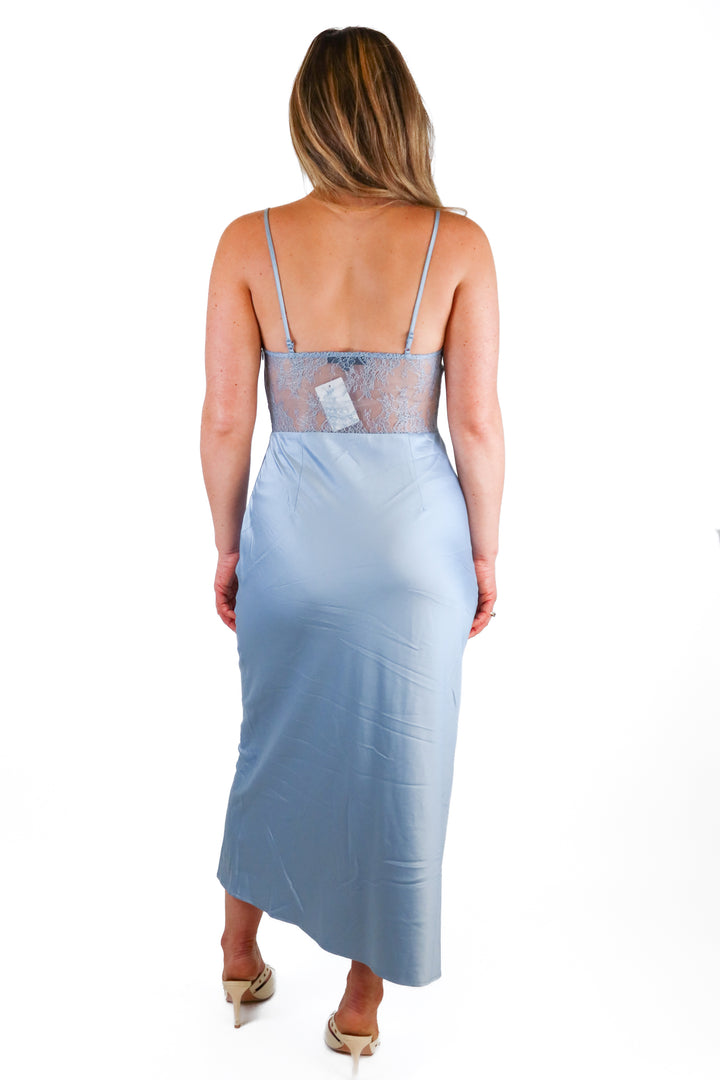 Dynamite light blue satin midi dress (S; retail $89.95)
