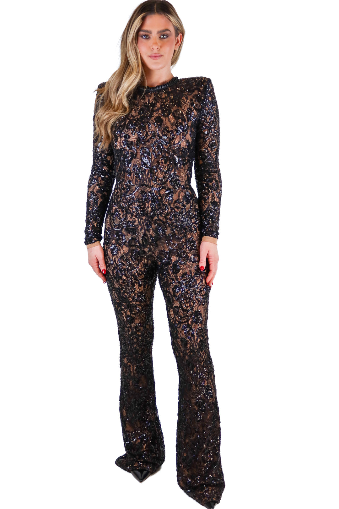 Nadine Merabi black/nude sequin long sleeve jumpsuit (S; retail $498)