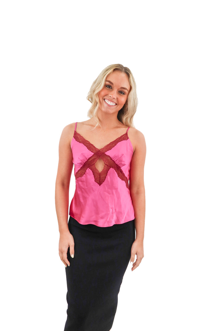 Cami NYC fuschia lace cami silk top (4; retail $125)