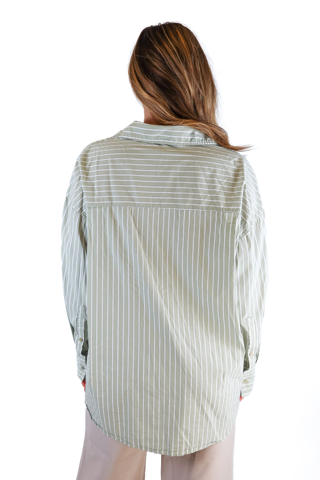 Daily Drills green/white poplin striped button down (M/L; retail $110)