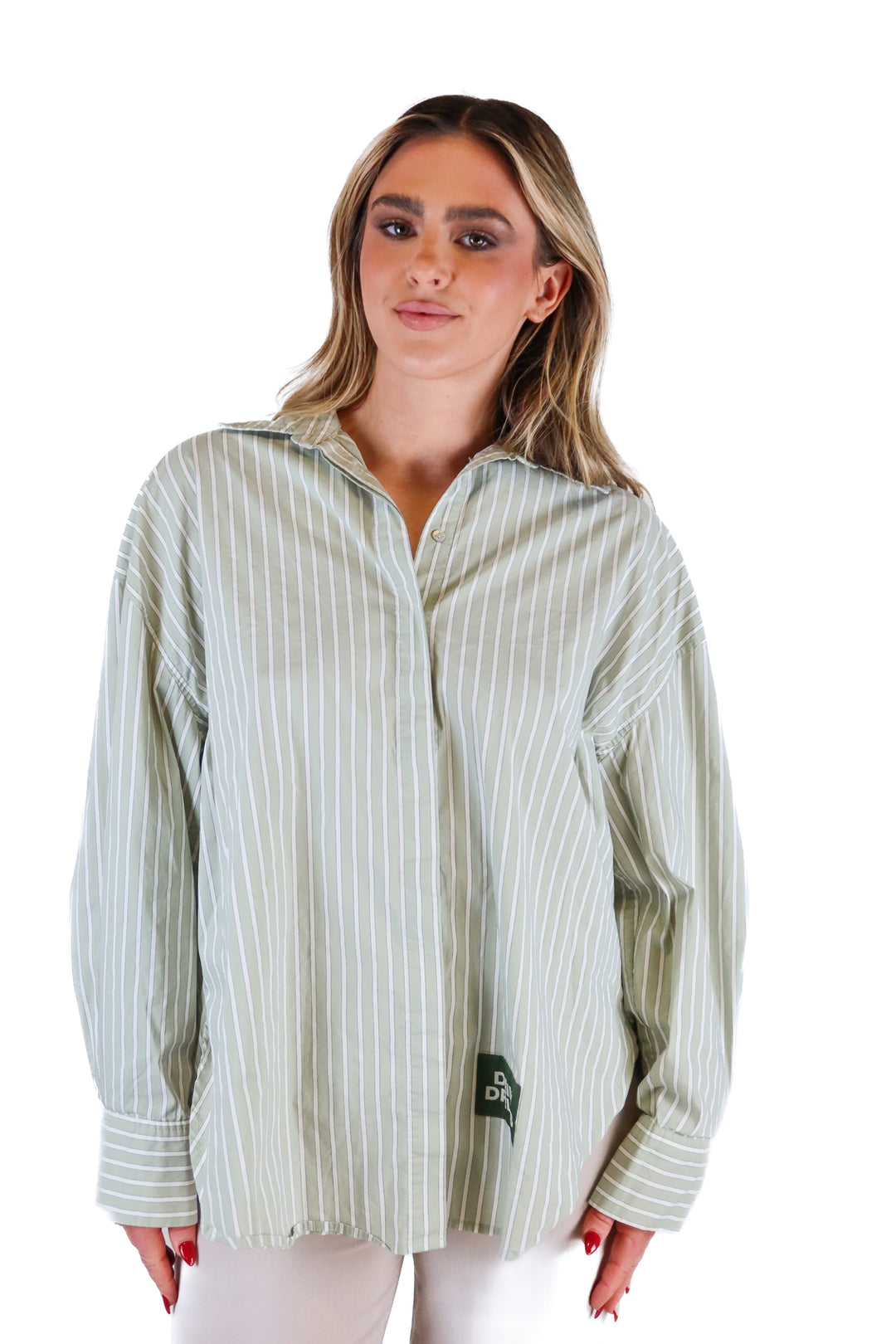 Daily Drills green/white poplin striped button down (M/L; retail $110)