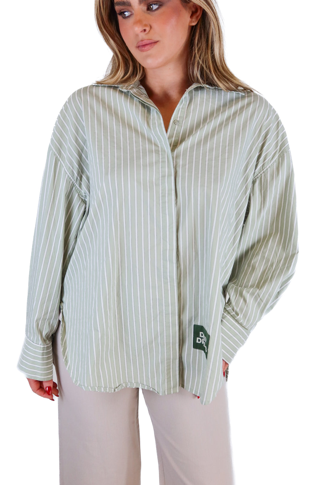 Daily Drills green/white poplin striped button down (M/L; retail $110)