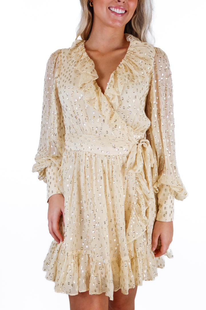 Zimmermann gold polka dot wrap mini dress (1; retail $750)