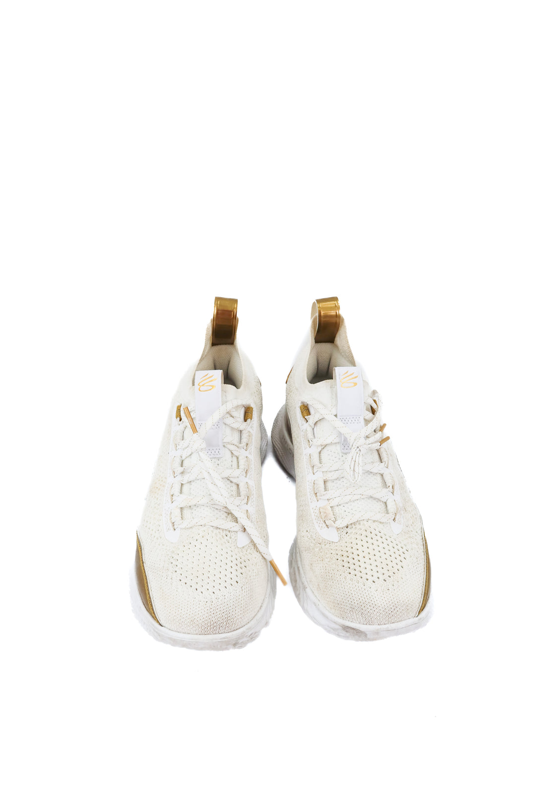under armour white/gold knit running shoes (9; retail $165)
