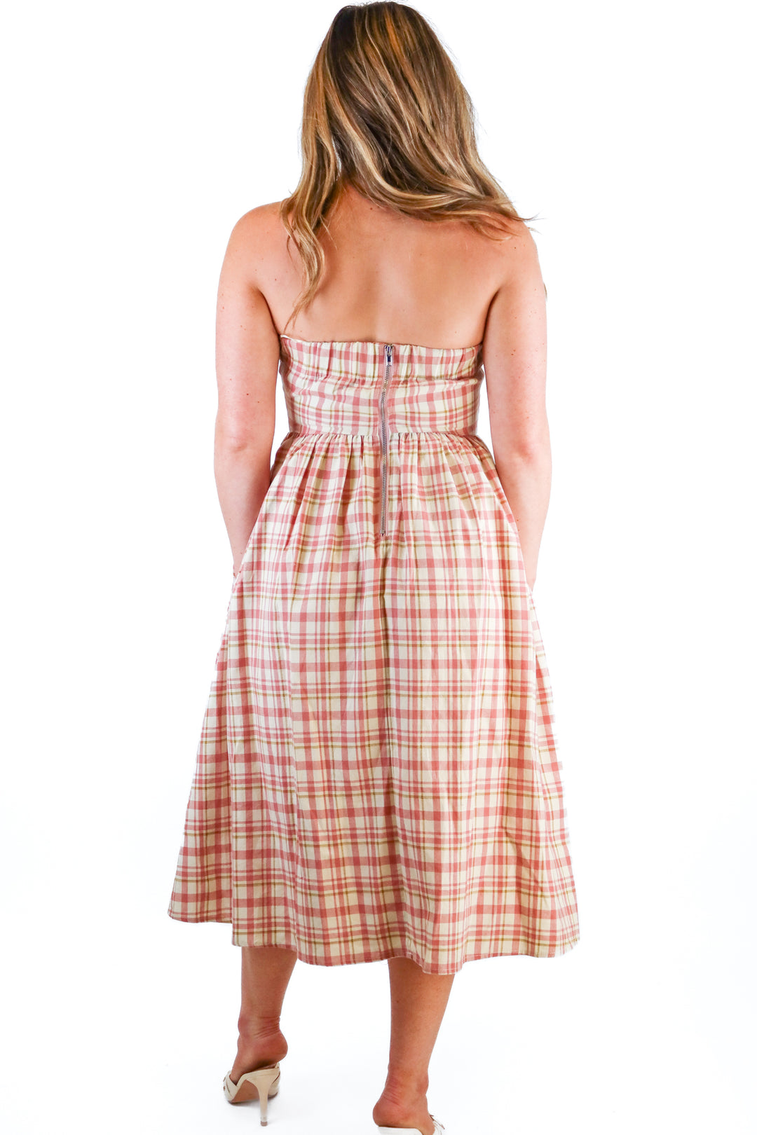 O.P.T. Pink Check Strapless Midi Dress (S; retail $180)