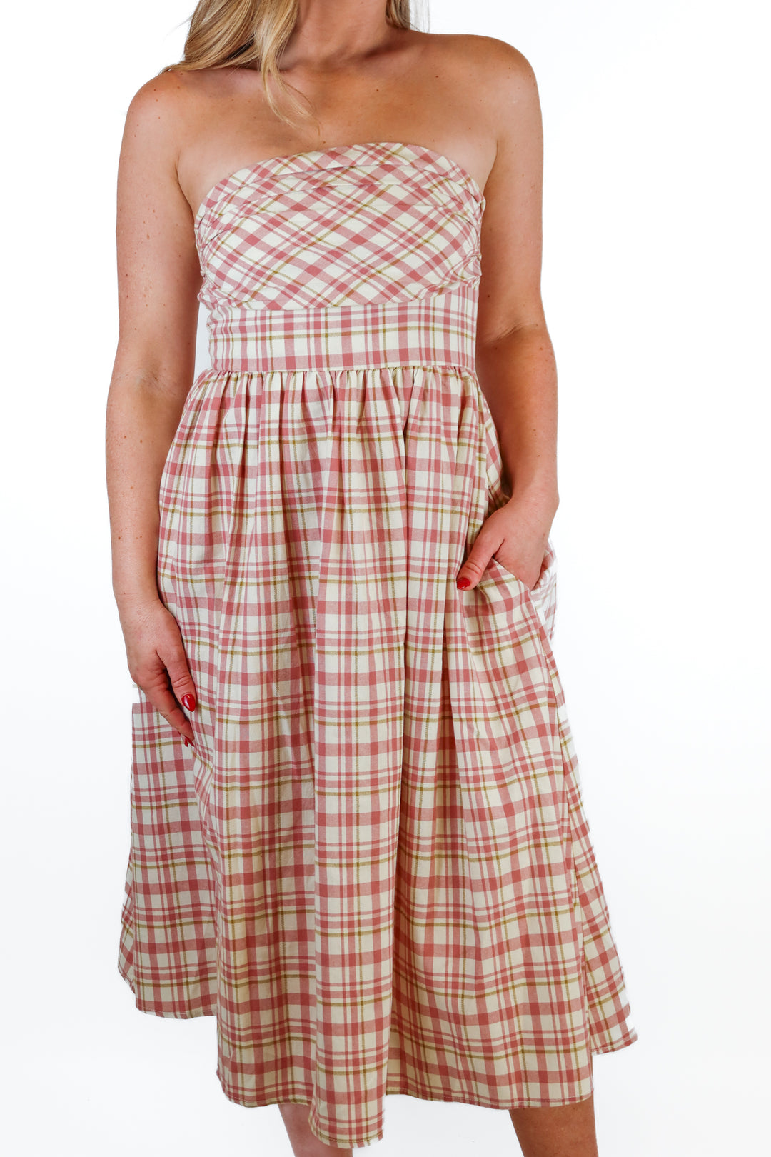 O.P.T. Pink Check Strapless Midi Dress (S; retail $180)