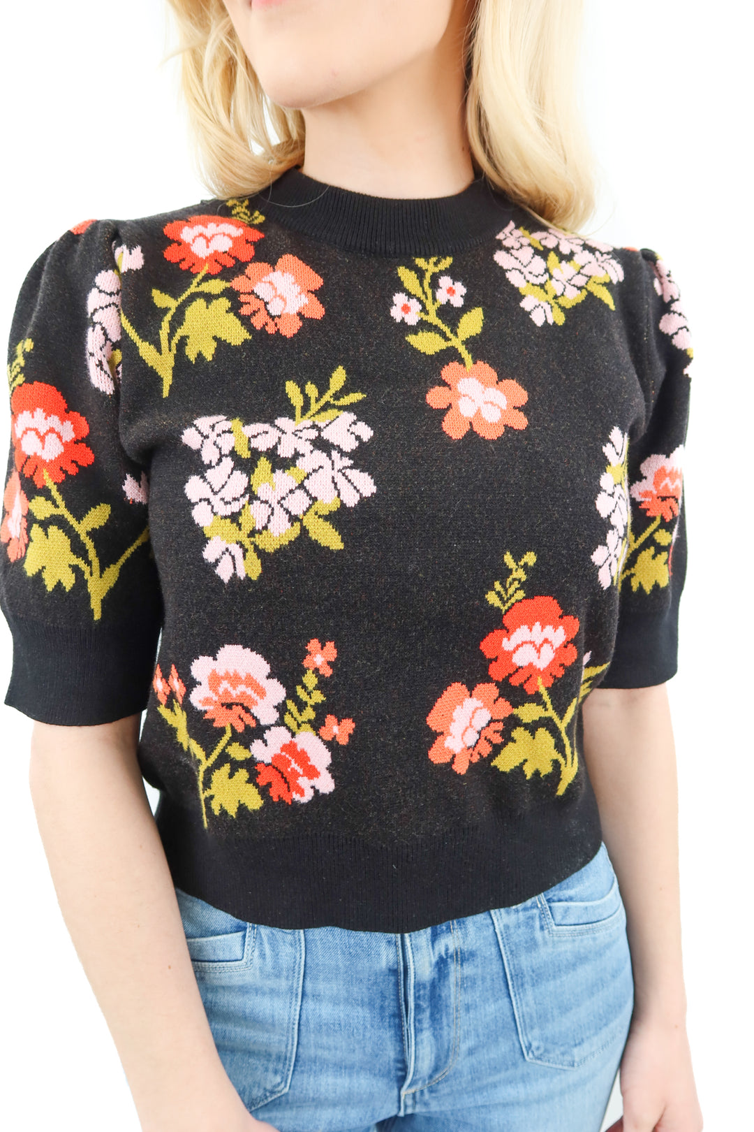 thml black floral knit top (s; retail $74)