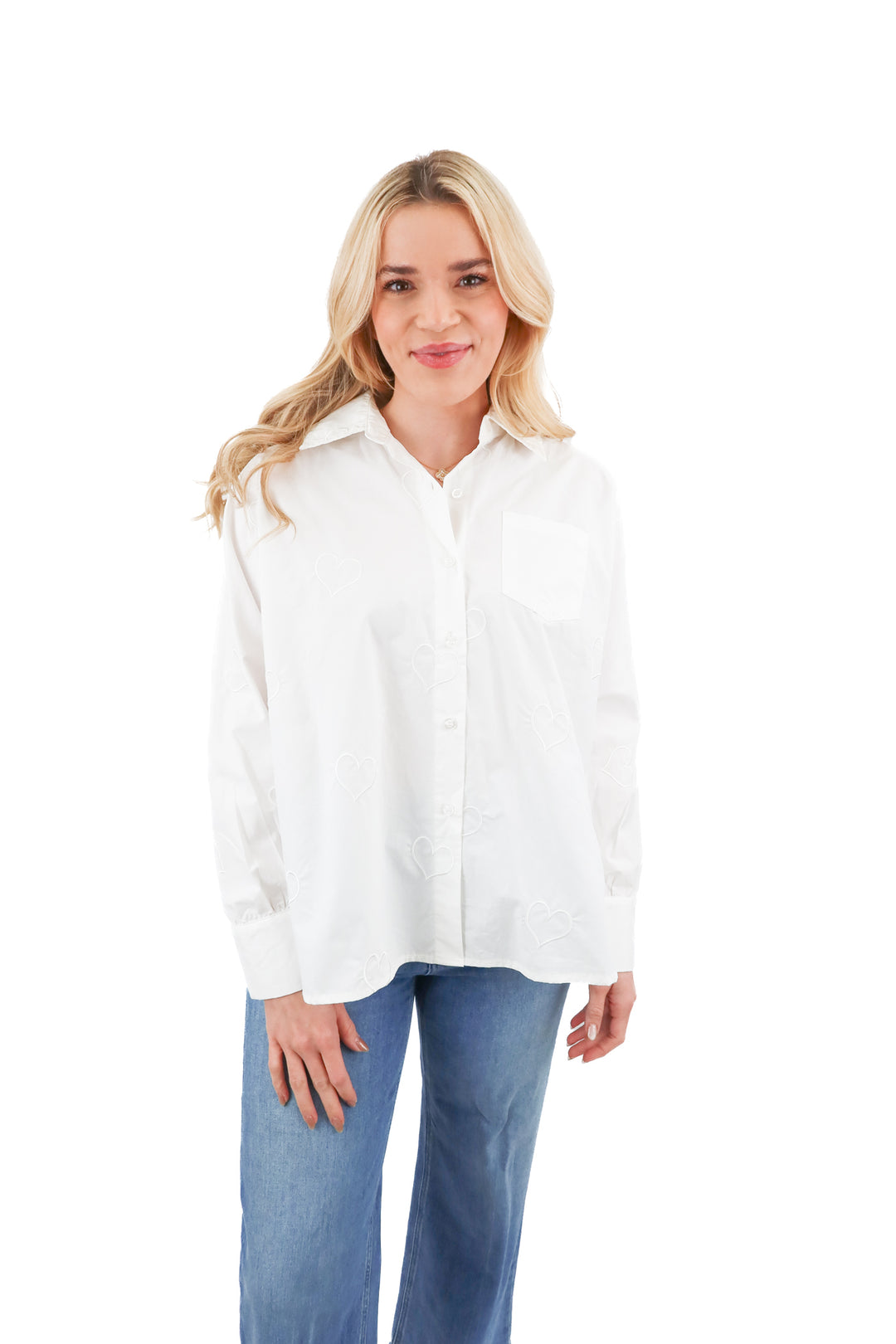 caryn lawn white heart button up top NWT (o/s; retail $109)