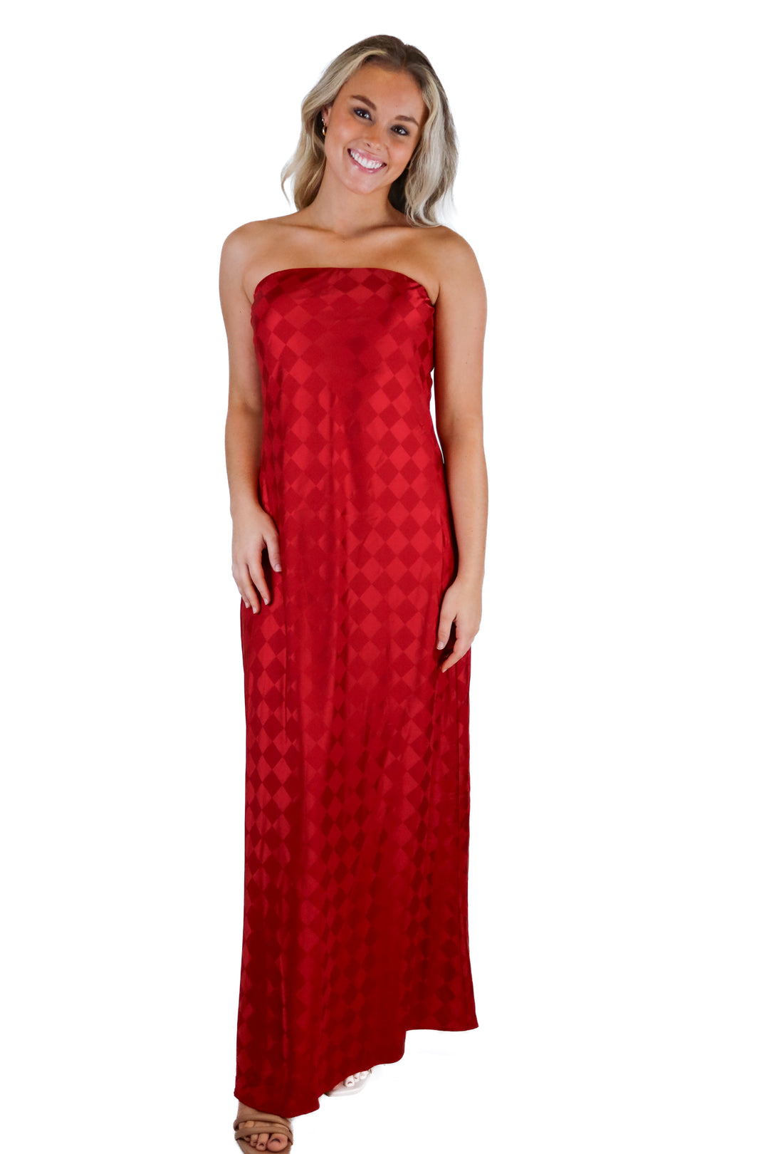 show me your mumu red printed strapless dress (s; retail $198)