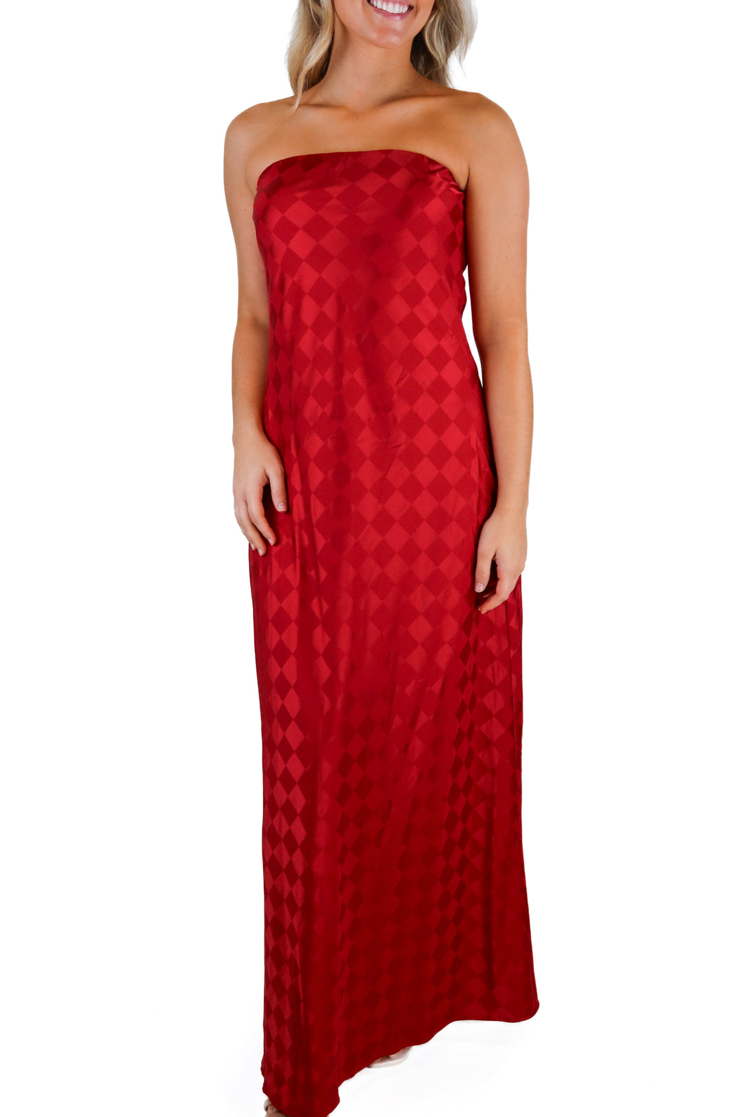 show me your mumu red printed strapless dress (s; retail $198)