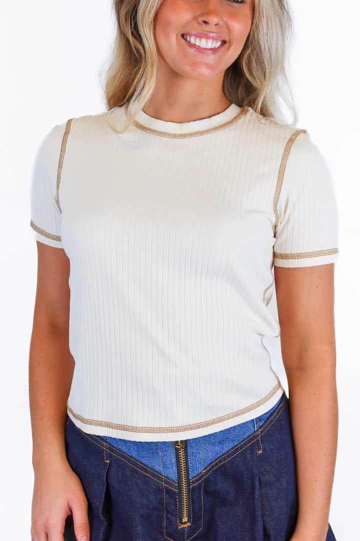 Frame Ivory Contrast Stitch Rib Knit Top (S; retail $118)