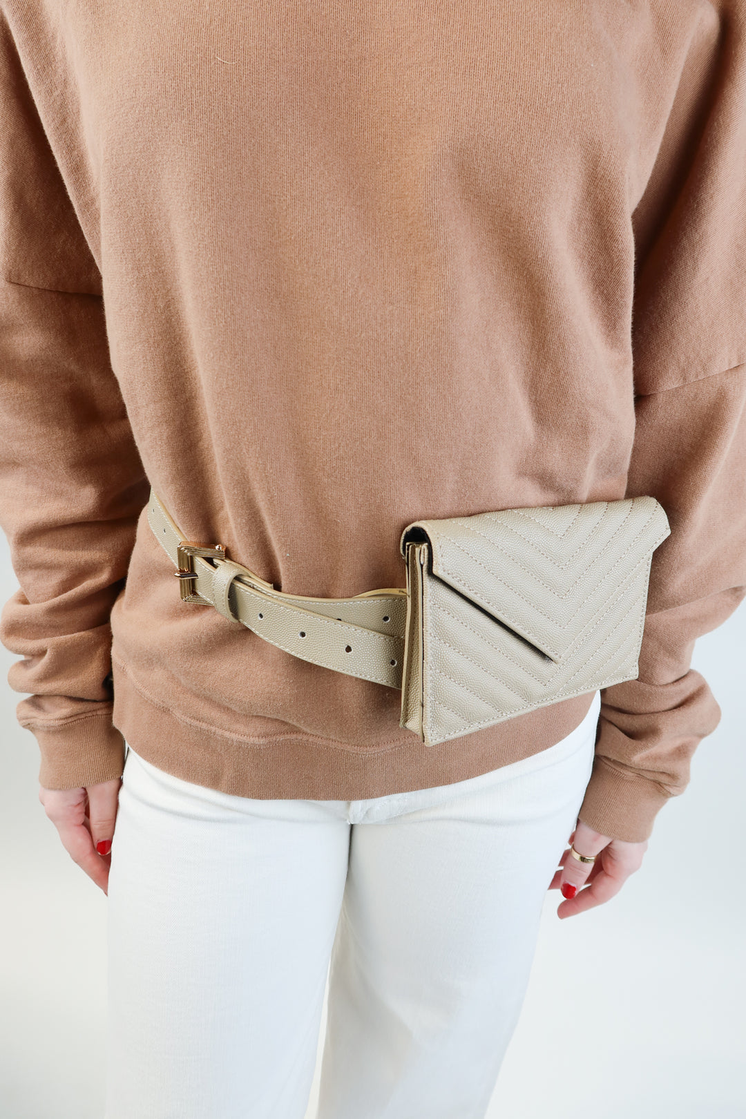Taupe small quilted envelope belt bag