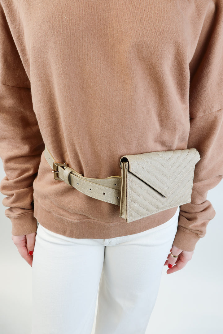 Taupe small quilted envelope belt bag