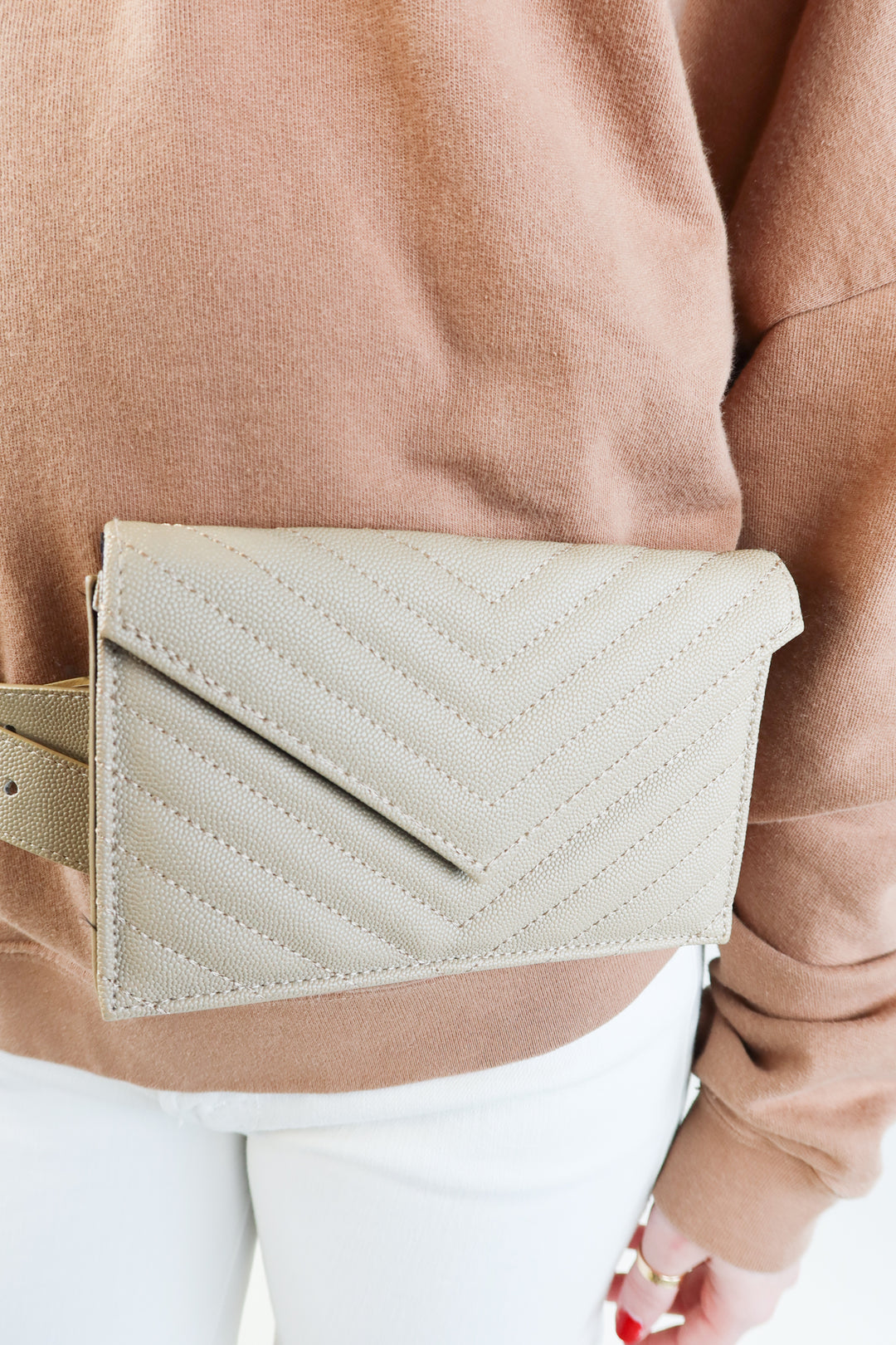 Taupe small quilted envelope belt bag