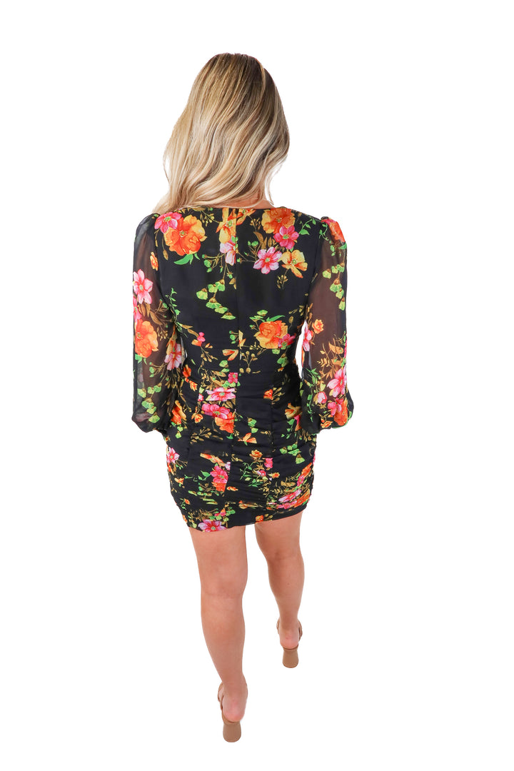 runaway black floral ruched dress (s; retail $89.95)