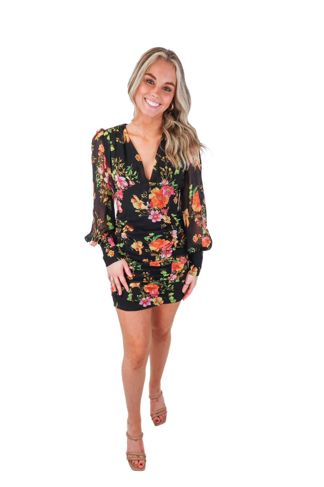 runaway black floral ruched dress (s; retail $89.95)