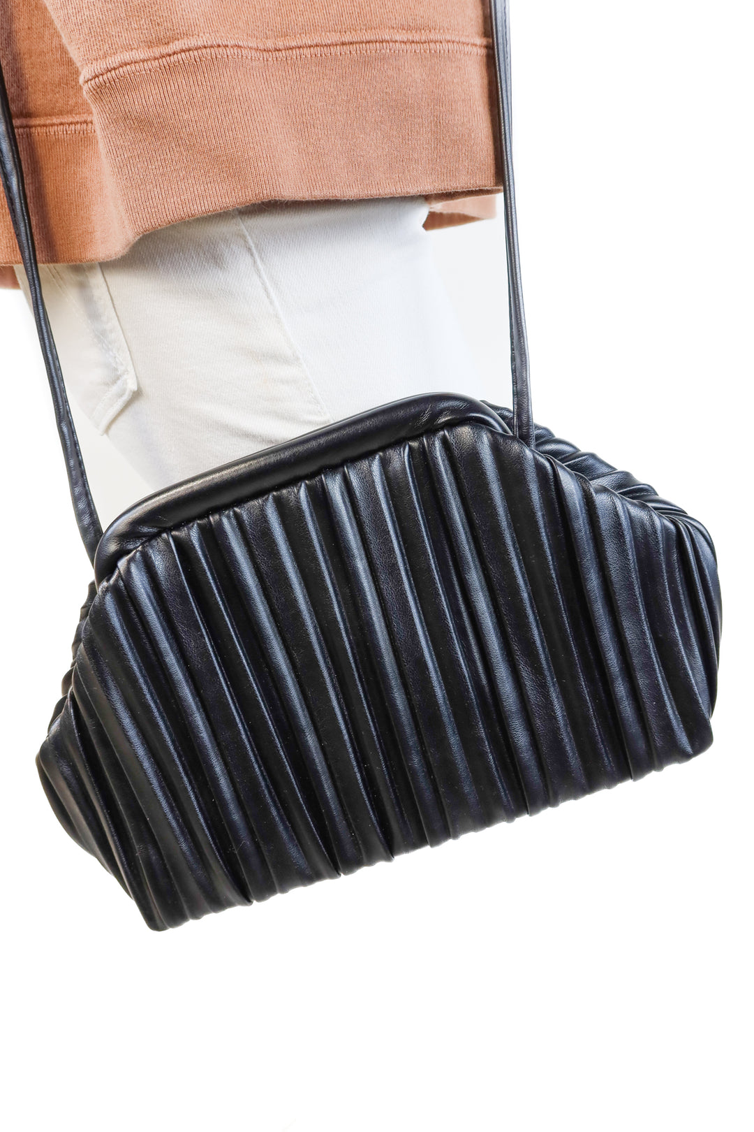 Black faux leather pleated clutch