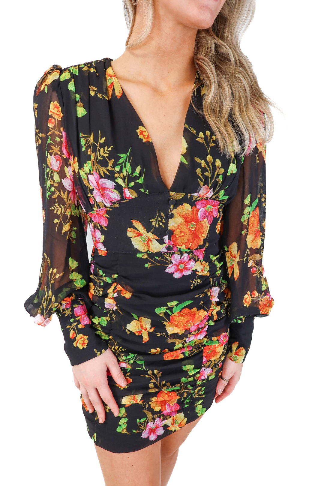runaway black floral ruched dress (s; retail $89.95)