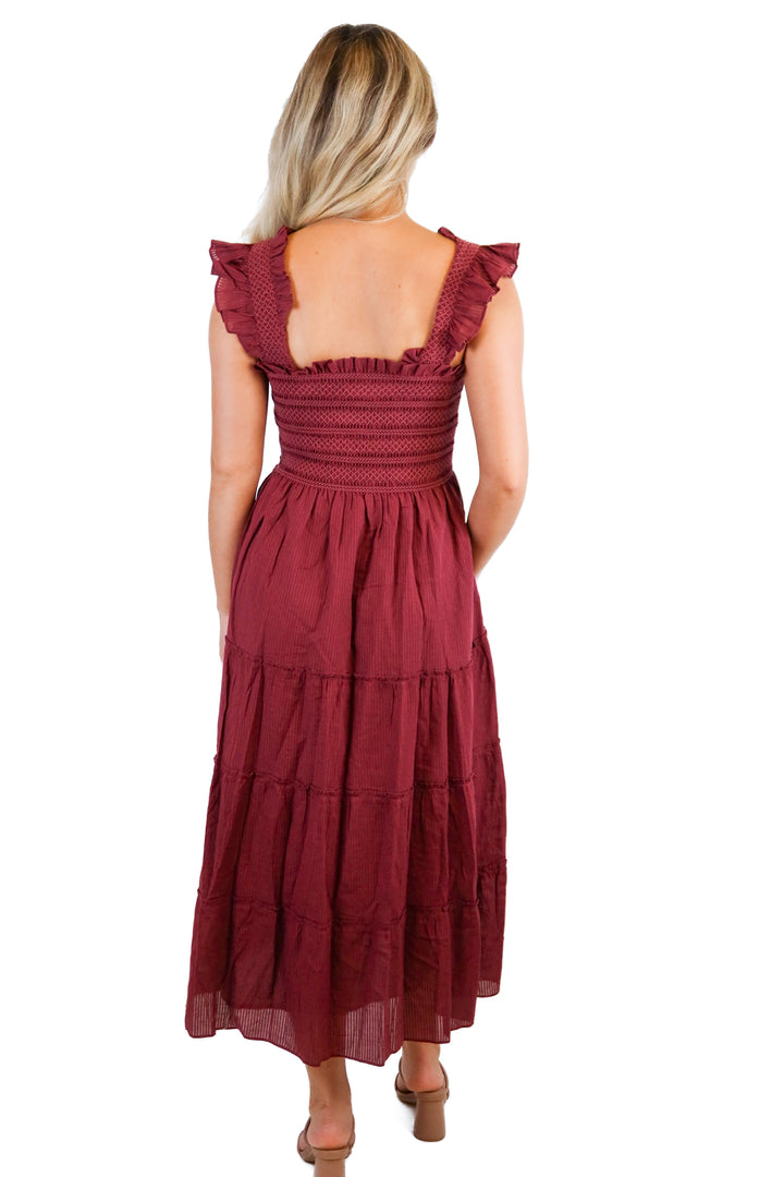 Hill House maroon ruffled midi dress (S; retail $150)