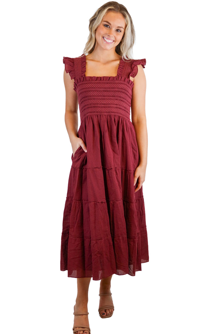 Hill House maroon ruffled midi dress (S; retail $150)