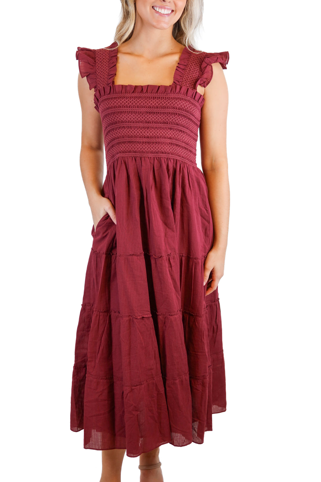 Hill House maroon ruffled midi dress (S; retail $150)