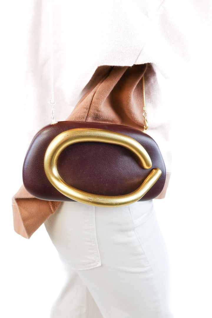 Zara maroon bag w/ large gold detail
