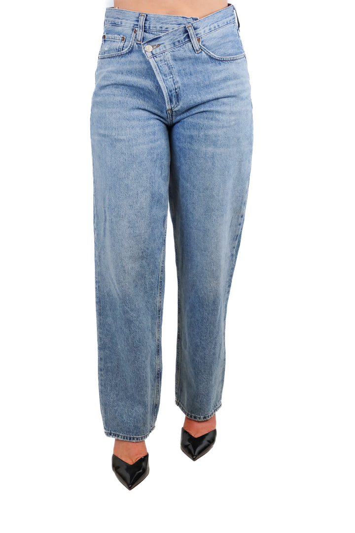 agolde light wash criss cross jeans (27; retail $208)