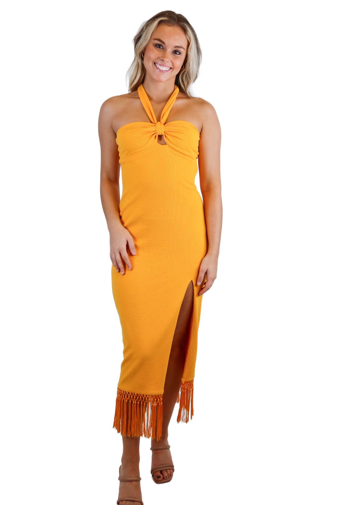 Saylor orange knitted midi dress (S; retail $242)