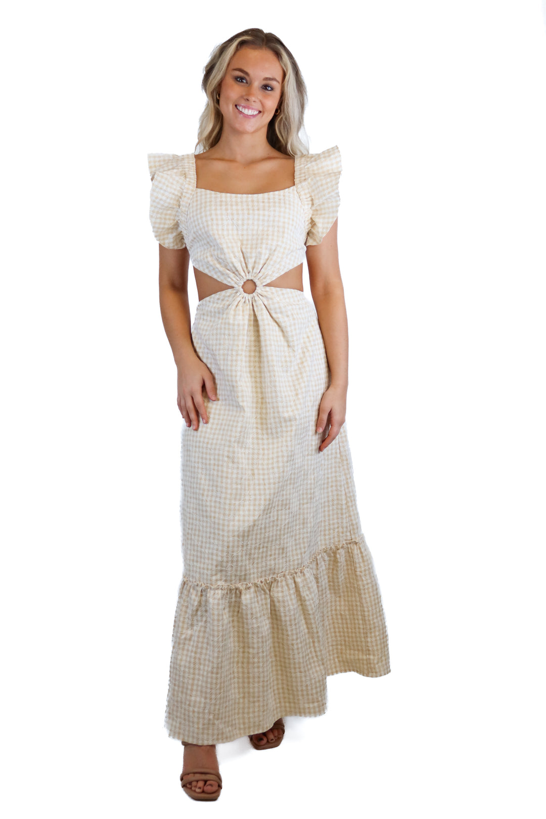En Saison orange/white plaid cutout midi dress (S; retail $164)