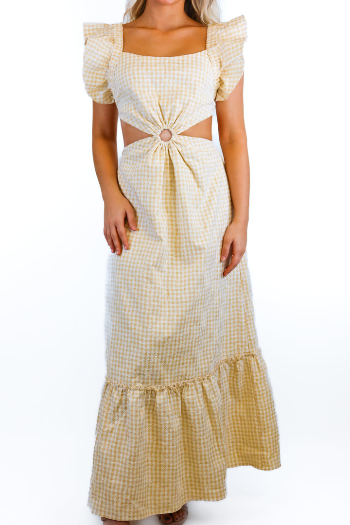En Saison orange/white plaid cutout midi dress (S; retail $164)