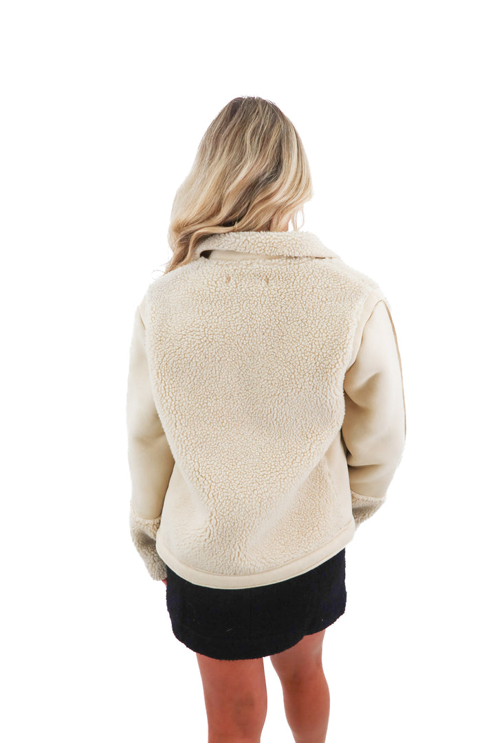 catherine malandrino cream vegan suede and sherpa jacket (s)