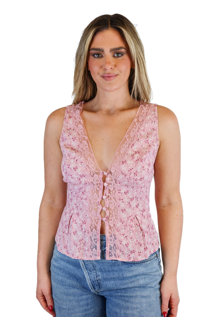 Reformation light pink floral & lace top (4)