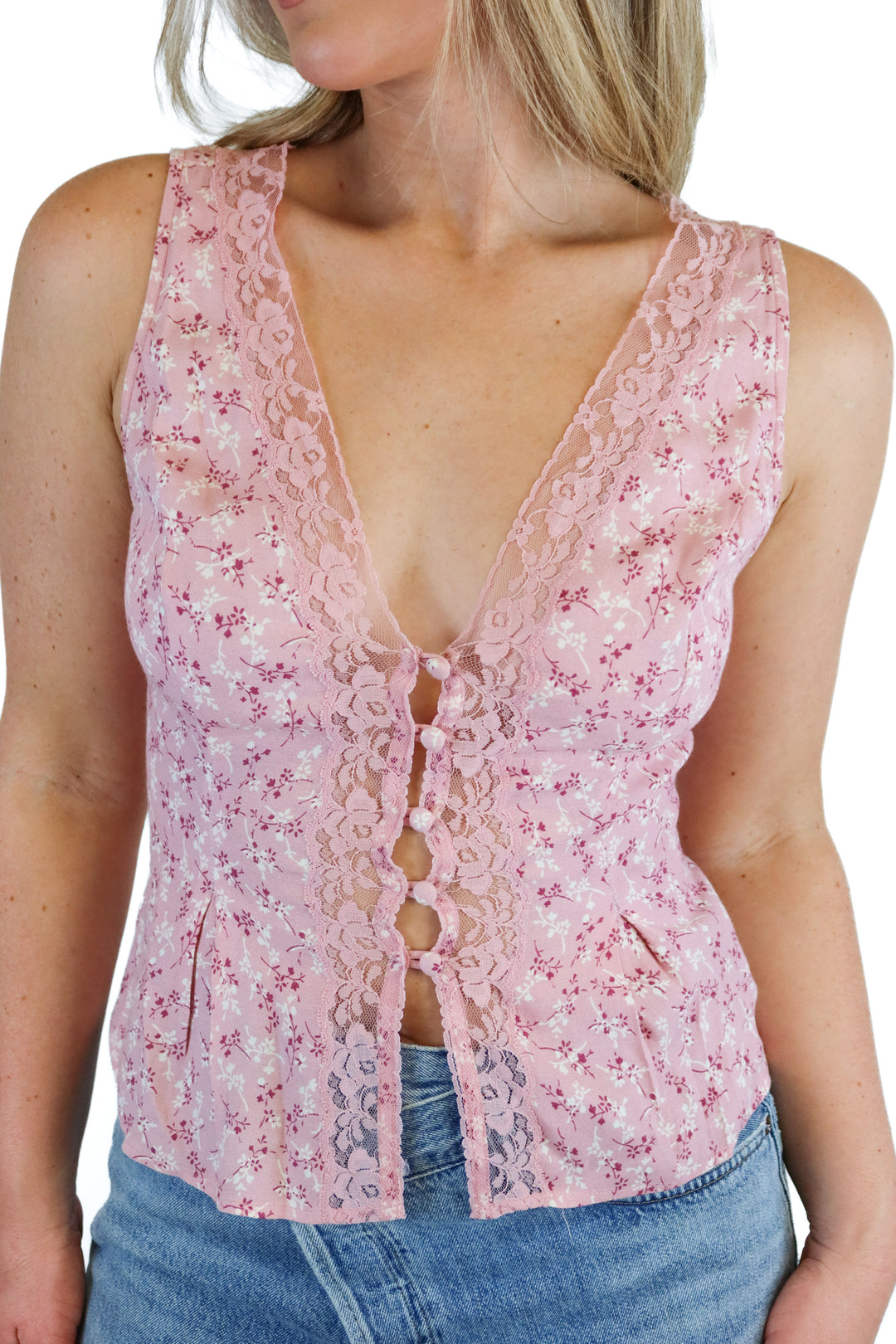 Reformation light pink floral & lace top (4)
