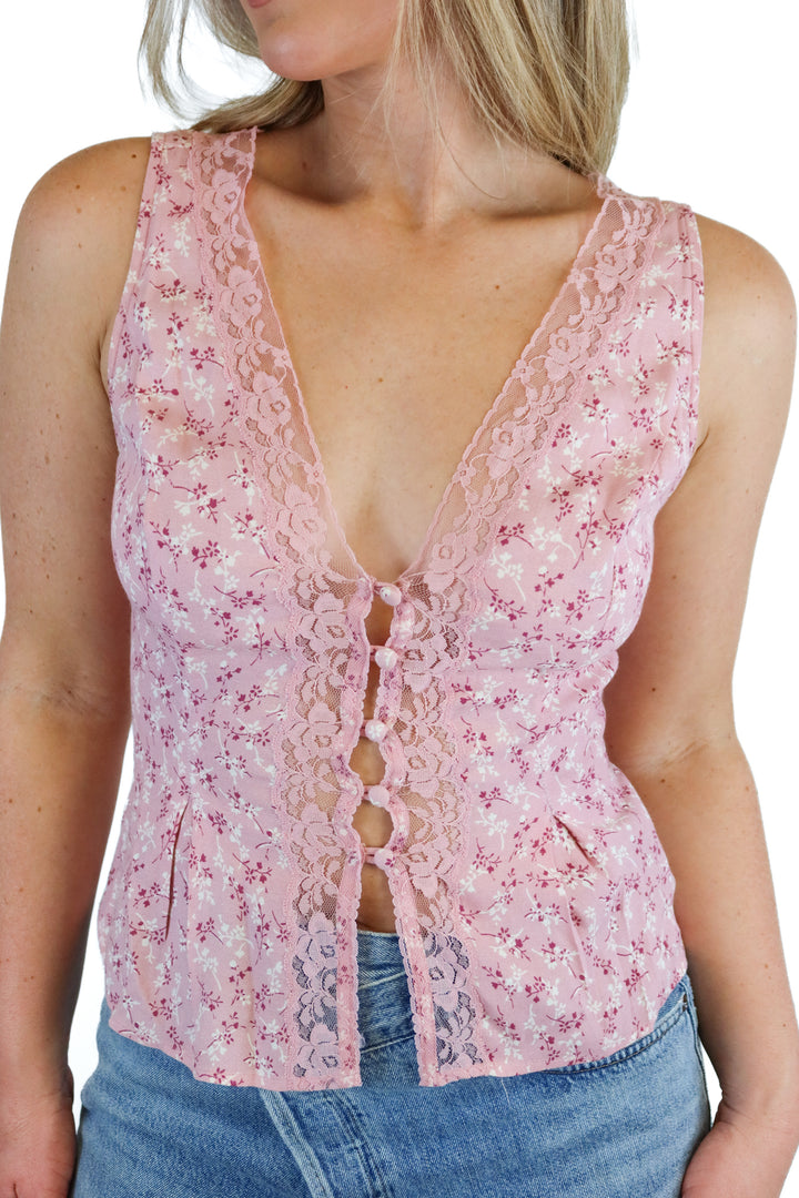 Reformation light pink floral & lace top (4)