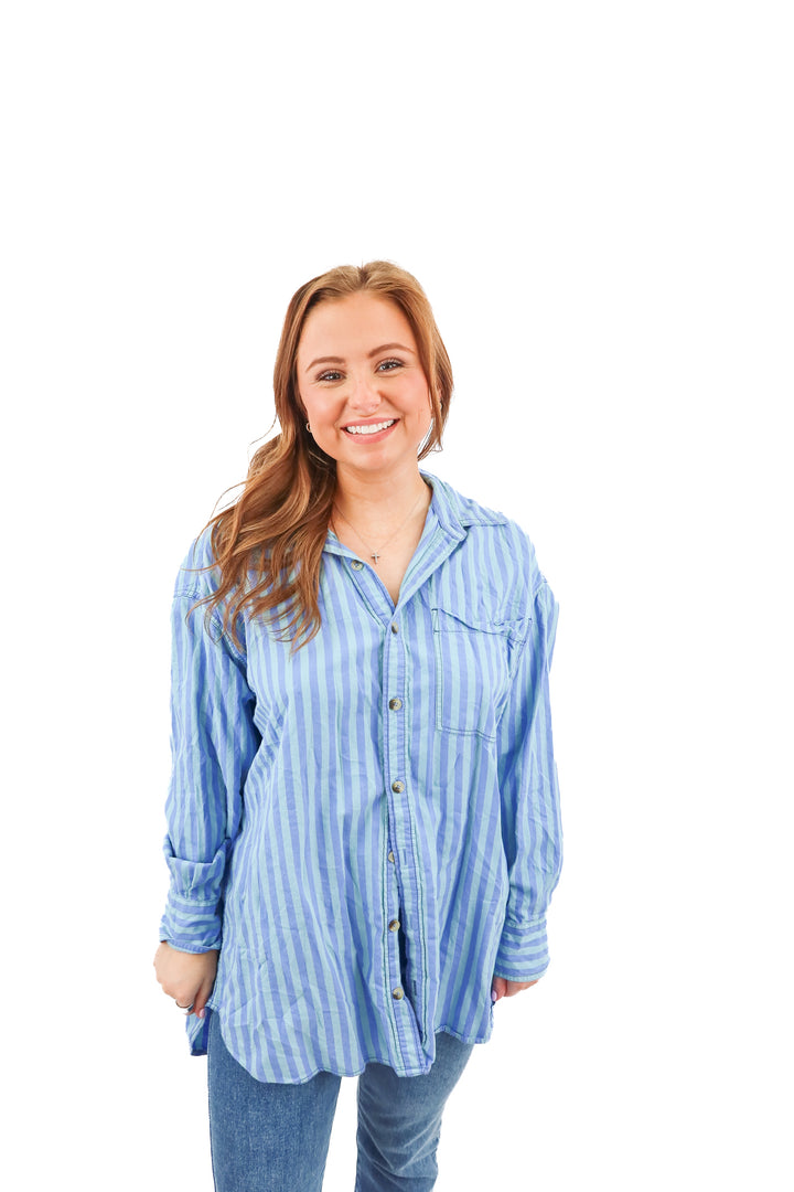 we the free blue striped button up (xs; retail $128)