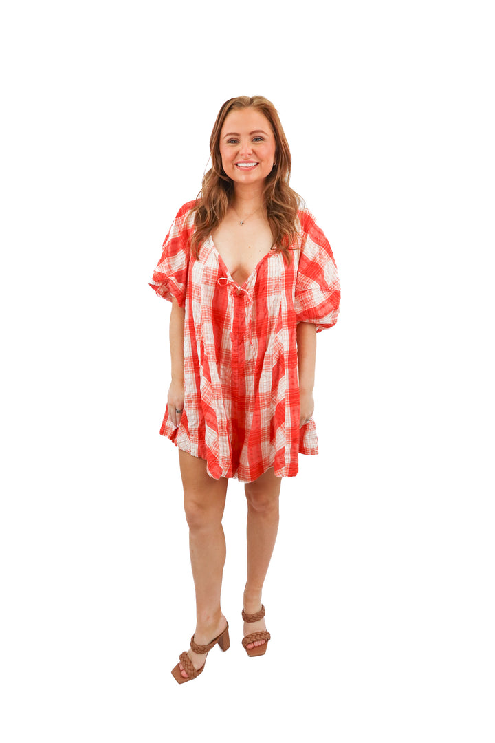 free people red plaid deep v romper (s; retail $128)