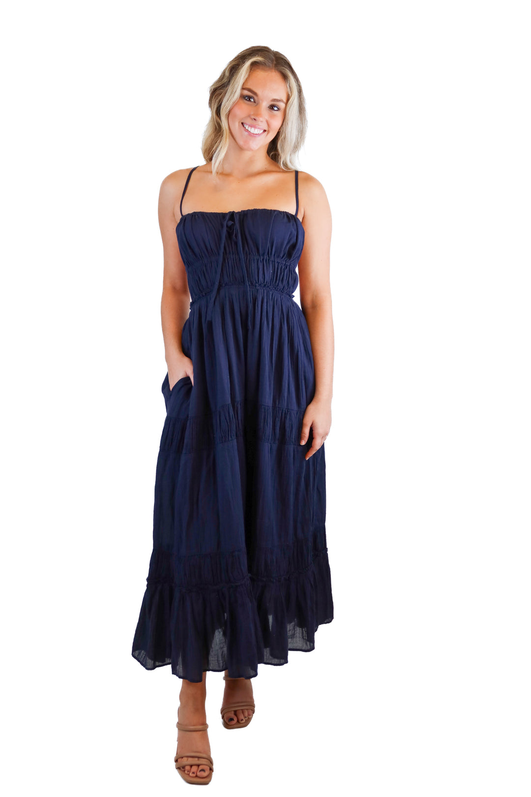 Free People navy ruffled midi dress NWT (S; $118)