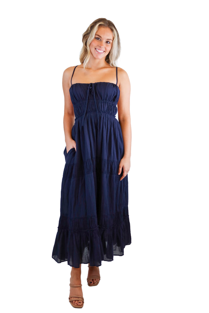 Free People navy ruffled midi dress NWT (S; $118)