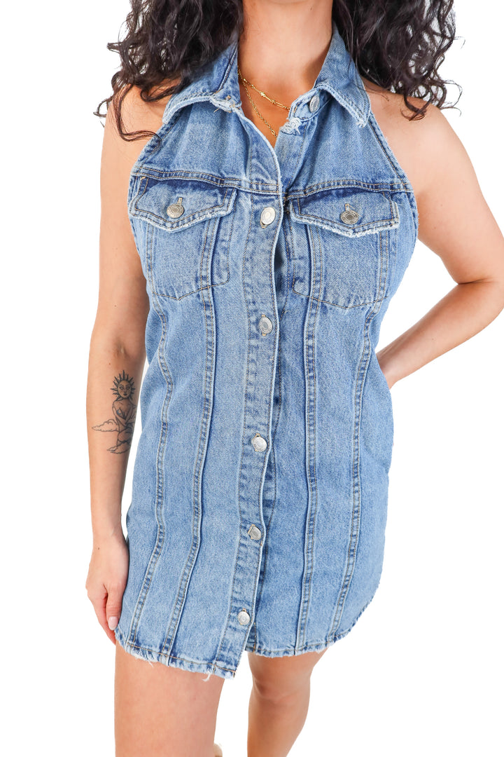 Zara denim halter mini dress (XS; retail $49.90)