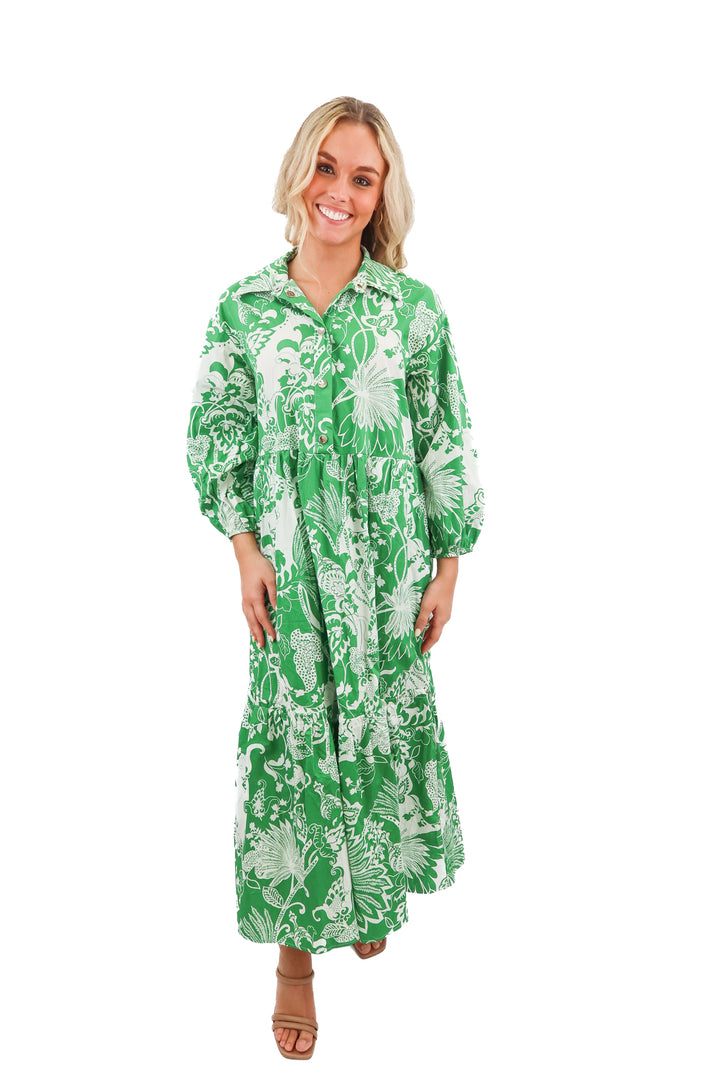 anthropologie green floral button up maxi dress (s; retail $165)