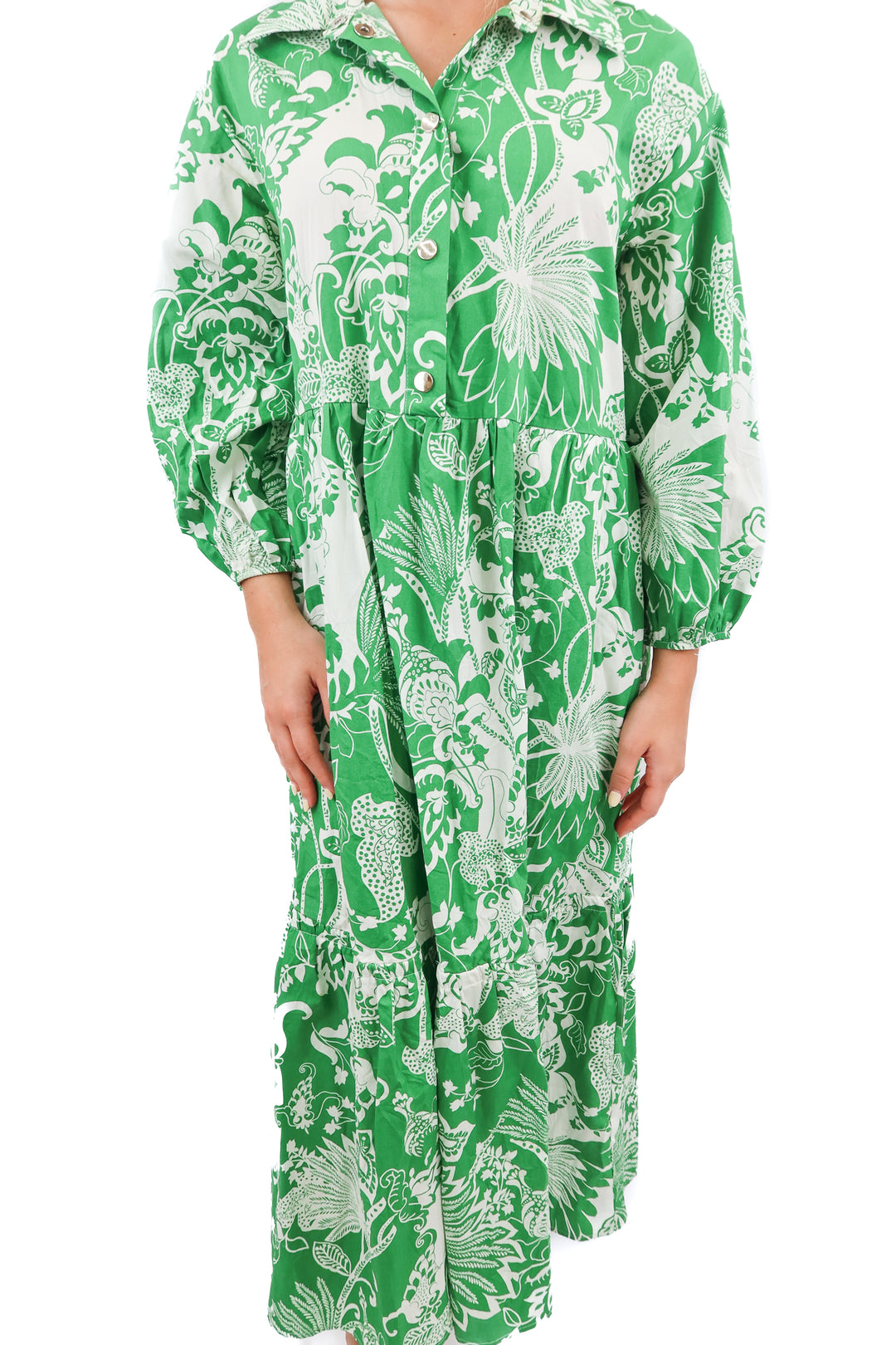 anthropologie green floral button up maxi dress (s; retail $165)