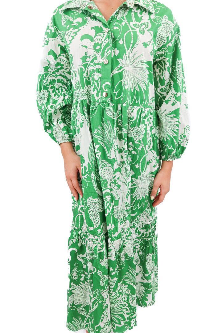 anthropologie green floral button up maxi dress (s; retail $165)