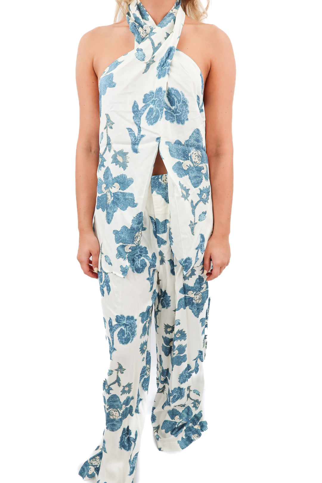 anthropologie blue floral satin set NWT (s; retail $186)