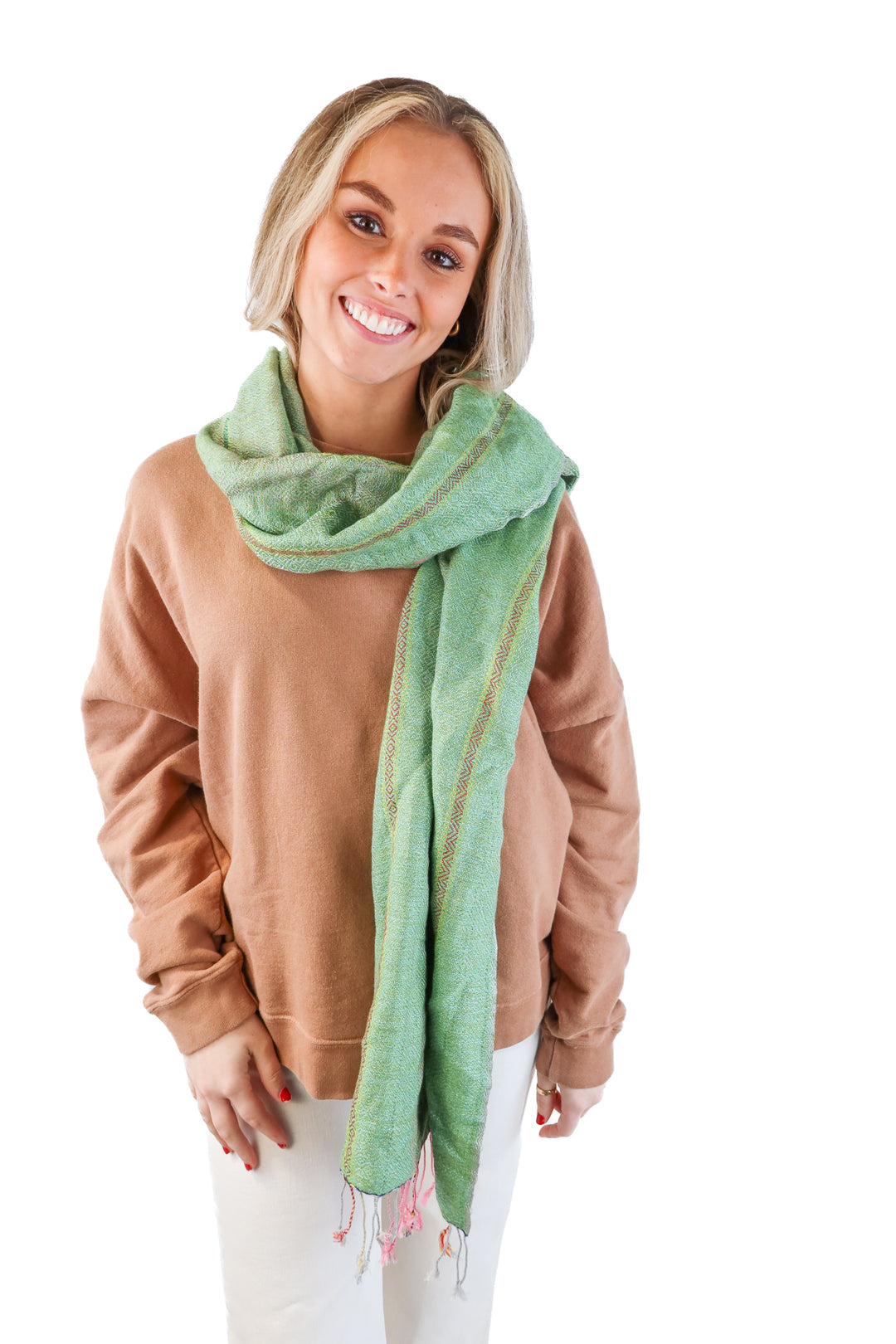 Green woven scarf w/ pink fringe