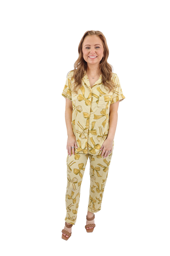 in my sundays gold bow pajama set (m; retail $98)